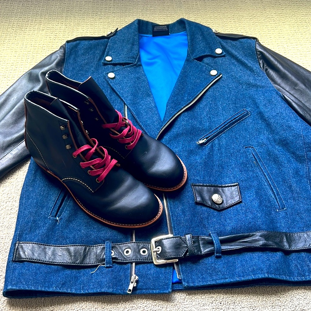 Designer Black Leather and Blue Denim riding jacket. XL